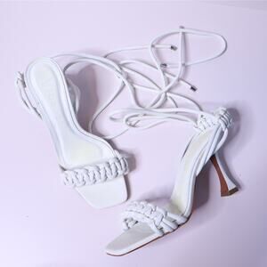 VICENZA Woven Ankle Lace Sandals White Open Square Toe Heel Women's 7